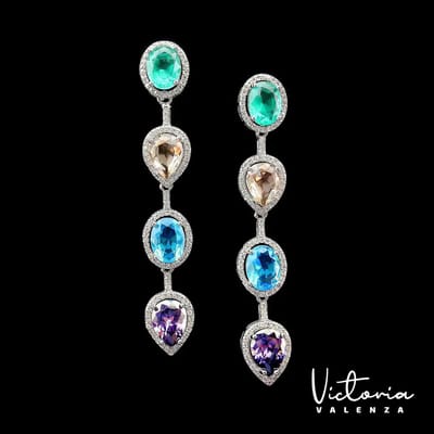 Victoria Valenza Monte Carlo Luxe Oorbellen Dames Messing Oorringen - Meerkleurige Steen - Kleur Zilver - 1 Paar