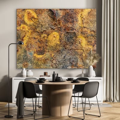 MuchoWow® Glasschilderij 160x120 cm - Schilderij acrylglas - Goud - Metaal - Roest - Grijs - Abstract - Patroon - Foto op glas - Schilderijen
