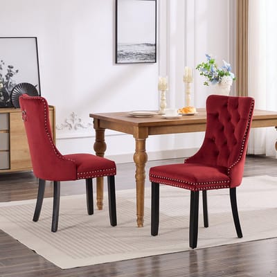 BLACKCOLORS Klassieke eetkamerstoelen van fluweel, moderne eetkamerstoel van hoogwaardig fluweel met gestoffeerde rugleuning, houten poten en spijkerstof, set van 2, bordeauxrood, wijnrood, DE2001WR