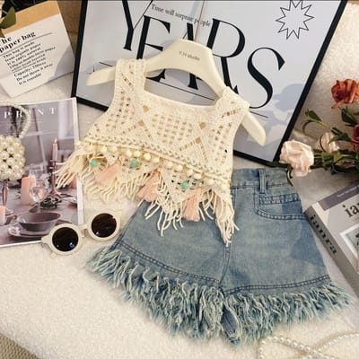 Ensemble trois pièces pour filles Été 2025 : Débardeur ajouré, Camisole, Short en jean 7Y-8Y(140cm) gray