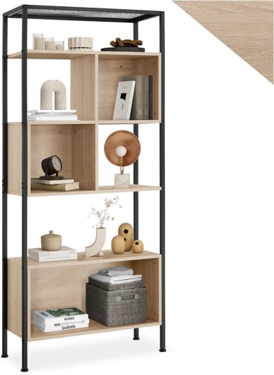 tectake® Wandrek wandkast met 5 Niveaus - 75 x 31 x 170,5 cm - Boekenkast met Opbergvakken - voor Woonkamer, Keuken, Kantoor - Zwart Metalen Frame (Industrieel Licht Hout, Sonoma Eiken)
