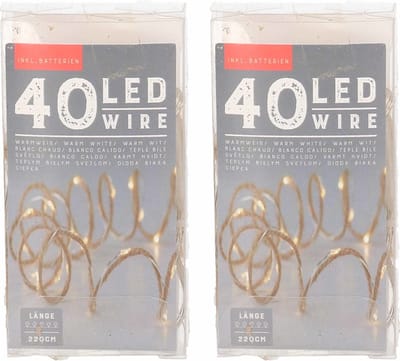 Bellatio Decorations Kerstverlichting - 2x - warmt wit - op batterij - 220 cm - lichtsnoeren kerstversiering