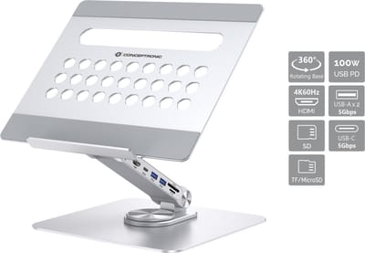 Conceptronic DONN27G Laptop Stand with 7-in-1 USB 3.2 Laptopstandaard In hoogte verstelbaar, Draaibaar, USB-hub-functie