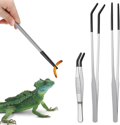 3-Pack RVS Aquarium Tweezers Set - Lange en Korte Voederpincet voor Waterplanten en Reptielen, 27 cm met Rubber Tip en Gebogen Pincet