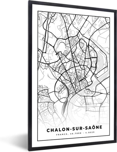 Fotolijst incl. Poster Zwart Wit- Stadskaart - Frankrijk - Chalon-sur-Saône - Kaart - Plattegrond - Zwart wit - 40x60 cm - Posterlijst