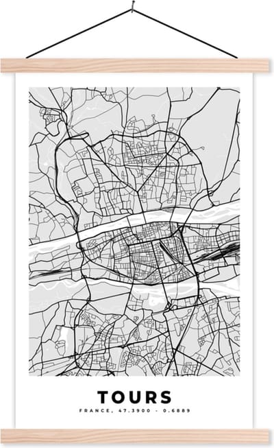 Posterhanger incl. Poster 40x60 cm - Schoolplaat - Frankrijk - Plattegrond - Kaart - Tours - Stadskaart - Textielposter - Blanke latten - Stadskaart