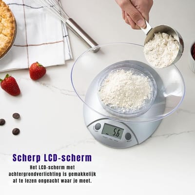KAD® Weegschaal - Nauwkeurige Keukenweegschaal met LCD Display - Compact & Nauwkeurig - Zilver - 23cm x 18cm x 6cm