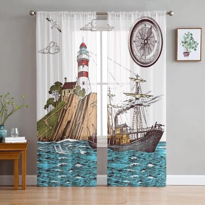 Oude Vuurtoren Zeilschip Lijn Slaapkamer Transparante Voile Gordijnen Vakantiedecoratie Raam Voile Tule Gordijn 135W x 114H(cm) white