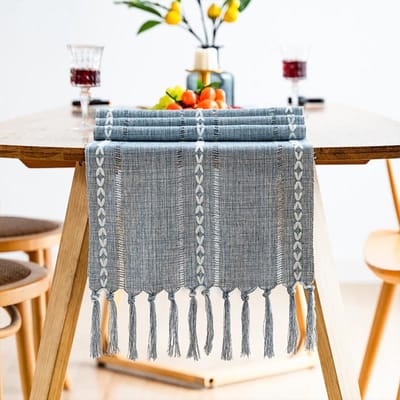 Retro Tafelloper Elegant Handgeweven Katoen Linnen Eettafelloper met Kwasten voor Bruiloft blauw