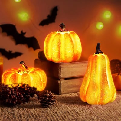 Herfstdecoratie met 3 Stuks Pompoenfiguren - Verlichte Pompoen voor Halloween en Oogstfeest