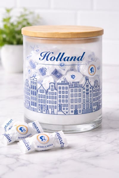 Snoeppot glas met deksel – Cadeau voor Moederdag – Herbruikbare Glazen Pot - Pepermunt pot - Wilhelmina pepermunt - Snoeppot glas - Holland cadeau - Typisch Nederlands cadeau - Souvenir Nederland - Cadeau pot - origineel cadeau