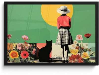 Poster in lijst - Fotolijst 60x40 cm - Posters - Retro - Meisje - Kat - Zon - Posterlijst zwart - Decoratie - Wanddecoratie woonkamer - Muurdecoratie slaapkamer