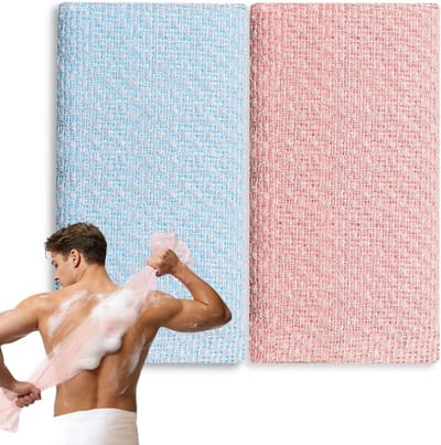 Exfoliërende douchehanddoek set van 2 | 25x100cm | Ideaal voor lichaamsverzorging, scrubben en reinigen (Blauw Roze)