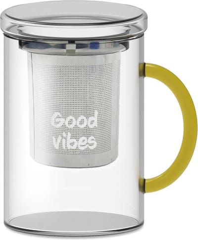 Beker voor kruidenthee met filter - glazen mok voor infusie met staal zeef - 420 ml - Accademia della Tisana - Theebeker met filter, Losse thee, Glazen mok, Infuser, RVS zeef, Hittebestendig glas, Cadeau voor theeliefhebber, Duurzaam drinken
