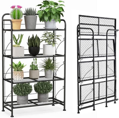 COSTWAY Plantenstandaard, 4 etages, inklapbaar, metalen bloemenstandaard, bloemenrek met verstelbare plank, tot 40 kg, plantenrek, bloementrap, plantentrap, tuin, terras, balkon