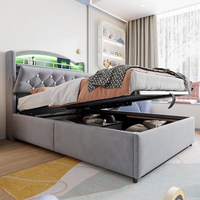 MODFU Luxe Opbergbed met Gasveer (90x200) - Grijs Fluweel Tienerbed met LED, 4 USB-Poorten & Boekenplank - Gecapitonneerd