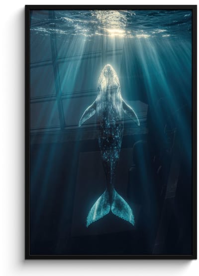 Poster in lijst - Fotolijst 80x120 cm - Posters - Walvis - Water - Zonnestralen - Blauw - Posterlijst zwart - Decoratie - Wanddecoratie woonkamer - Muurdecoratie slaapkamer