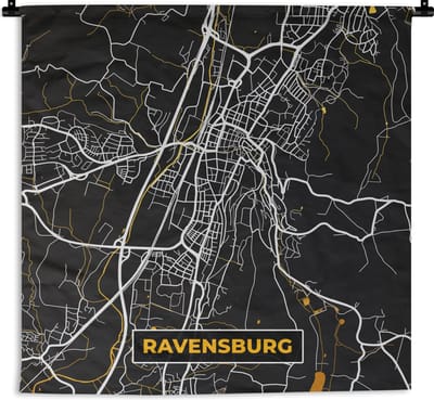 Wandkleed - Wanddoek - Black and Gold – Stadskaart – Ravensburg – Duitsland – Plattegrond – Kaart - 180x180 cm - Wandtapijt