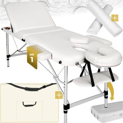 tectake® 3-zone-massagetafel - Draagvermogen tot 220 kg - Mobiele massagebank - Set met rolkussens - Aluminium frame - Behandelbank - Inclusief draagtas - Cosmetische stoel - In hoogte verstelbaar - Afmeting (LxBxH) 210 x 95 x 63 - 89 cm - Wit