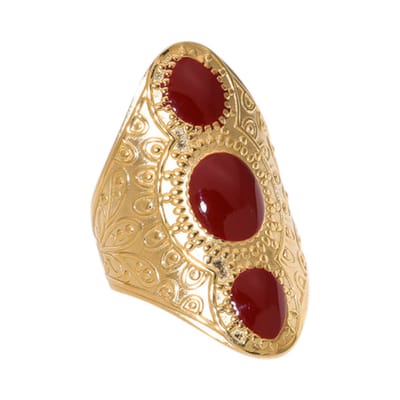Aramat Jewels | Ringen | Statement Ring RVS met Drie Ovale Emaille Vullingen (45 mm Lang) | Rood | |45mm | Staal | Volwassenen | Verkleurd niet