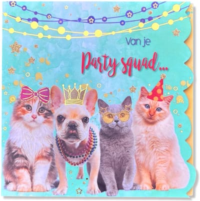 Van je Partysquad... Verjaardag Wenskaart - 13x13cm - Luxe Gevouwen vierkante kaart met gekleurde envelop