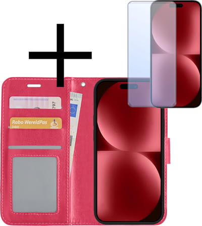 Hoesje - Met Screenprotector - Geschikt voor Apple iPhone 15 Pro Max - Luxe Pasjeshouder - Bookcase Portemonee - Flip Case - Kunstleer Book Case - Flipcase - Book Cover - Walletcase - Portemonneehoes - Donkerroze