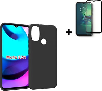 Hoesje Geschikt voor Motorola Moto E20 - Full Screenprotector Motorola Moto E20 - Siliconen - Motorola Moto E20 Hoes Zwart Case + Full Tempered Glass