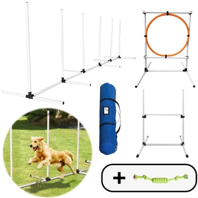 AYOO Agility voor de Hond - Honden Training - Honden Agility Set - Slalom - Horde - Draagzak - Agility Set - Oranje - Wit - Ideaal op Gras en Tegels - Inclusief E-book