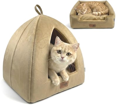 Kattenmand - 2-in-1 Kattenbed - Kattenhuis - Poezenmand - Dierenmand - 48*45*45cm - Opvouwbare Huisdier Tent - Open Sofa - Zacht Pluche Slaapplek - Uitneembaar Binnenkussen - Wasbaar & Anti-slip - Geschikt voor kleine honden en alle katten - Khaki