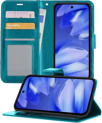 Hoesje - Geschikt voor Google Pixel 9a - Luxe Bookcase - Walletcase Hoes - Portemonnee - Cover - Telefoonhoes - Turquoise