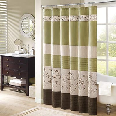 SnelShoppen - Douchegordijn Serene Faux Zijde Geborduurde Bloemen 72 x 72 cm Groen - Modern Badkamerdecoratie - Machinewasbaar Polyester