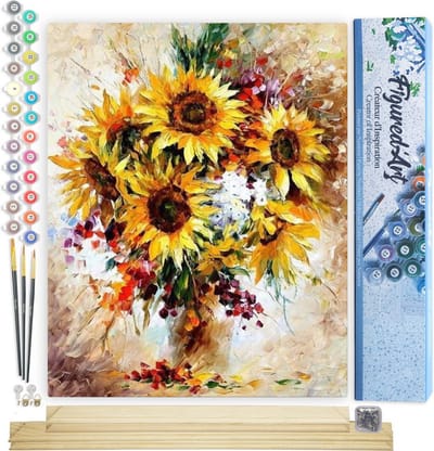 Figured'Art Schilderen op Nummer Volwassenen canvas Mooie Zonnebloemen - Handwerk acrylverf Kit DIY Compleet - 40x50cm met DIY houten lijst