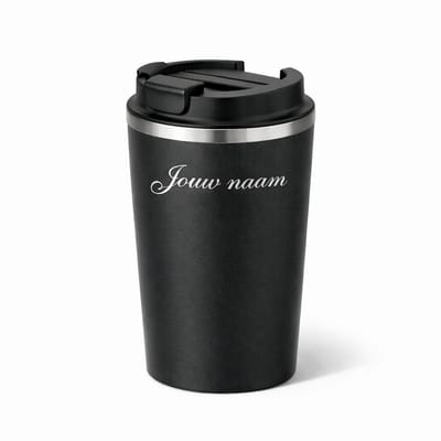 Thermosbeker met naam - Koffie beker - Theebeker - Zwart (Antislip, Lekvrij) - 380ml - Gepersonaliseerd