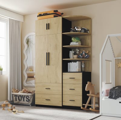 HAUSS SPOLE Kledingkast - Met Kledingroede En Vijf Laden - Met Open Vakken Voor Slaapkamer En Woonruimte - Hout - 110x40x186 Cm - Natuurlijk En Zwart