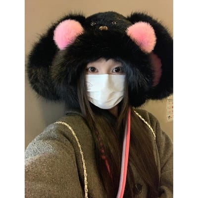 Koreaanse Zoete en Schattige Pluche Hoed met Grote Oren voor Vrouwen in de Winter Verdikt Warm Gezicht Toont Klein Cartoon Lei Feng Hoed one size black