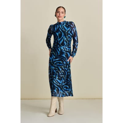 POM Amsterdam Dress - Feathers Blue Mesh Maat: 34 | Midi Jurken Outlet | Dames | Blauw