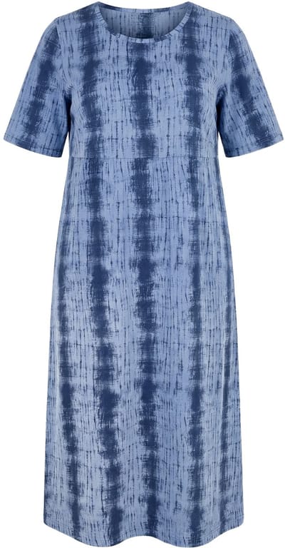 Ulla Popken - Dames - Midi-jurk tie-dye strepen A-lijn ronde hals korte mouw - Inktblauw - Maat 42+