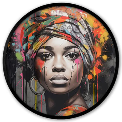 Poster in lijst Rond - Fotolijst 40x40 cm - Posters - Vrouw - Hoofddoek - Graffiti - Zwart - Ronde posterlijst zwart - Decoratie - Wanddecoratie woonkamer - Muurdecoratie slaapkamer