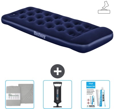 Bestway luchtbed - 1-Persoons - 76 x 185 x 28 cm - Blauw - Inclusief pomp - Hoeslaken - Pomp en Reparatieset