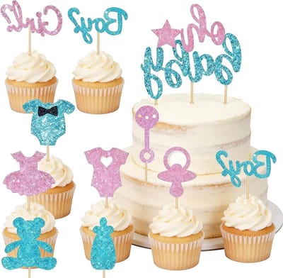 Cupcake toppers set - 19 stuks - jongens of meisjes - glitter baby shower decoratie - leuk voor gender reveal - SnelShoppen