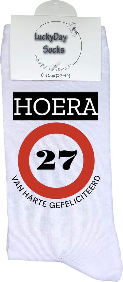 27 jaar Sokken - Gefeliciteerd - Jarig - Verjaardag - Grappige cadeau - Cadeau voor vrouw man - Kado - Verjaardags sokken - Verjaardags cadeau - Sokken waar je vrolijk van wordt - Maat 37-44