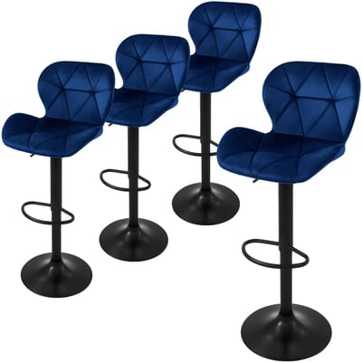 Set van 4 barkrukken blauw fluwelen bekleding met rugleuning en voetensteun in hoogte verstelbaar 59-79cm ML-Design