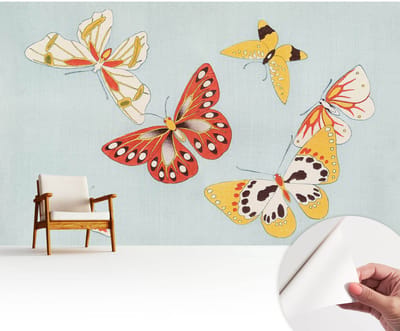 Wallfluent Zelfklevend Behang - Artistieke vlinders Stickerbehang op rol - 416x254 cm - Blauw Zelfklevend Behang - Herpositioneerbaar - Voor de slaapkamer, woonkamer en hal Zelfklevend Behang