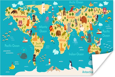 Poster kinderen - Wereldkaart - Kinderen - Dieren - Geel - Blauw - Jongens - Meisjes - Kinder decoratie - 30x20 cm - Schilderij voor kinderen - Wanddecoratie kinderkamers