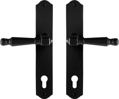 Deurkruk op schild - Smeedijzer zwart - Gietijzer - GPF - GPF6210.60 smeedijzer zwarte Deurklink Mela op PC92, 238x41x4mm