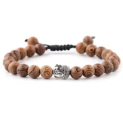 Kralenarmband met bruine houten kralen en boedha, schuifknoop