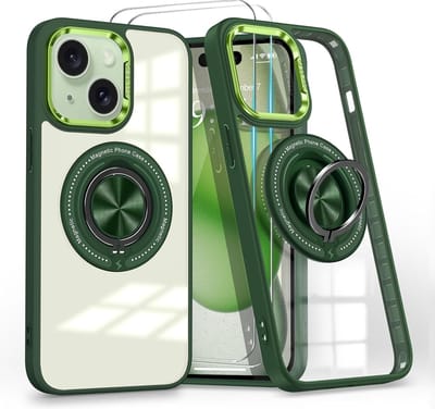 Hoesje Geschikt voor iPhone 15 Arara hoesje voor Magsafe Transparant hard case - kickstand Draaibare Ring Houder met 2 Stuks screenprotectors - Groen