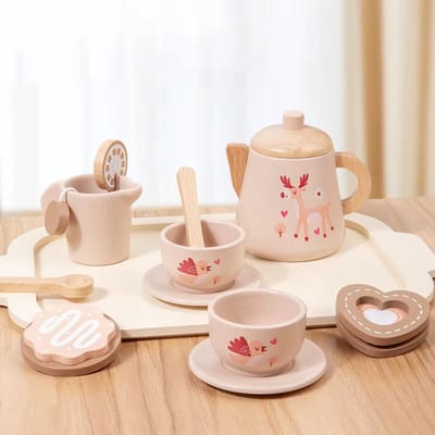 13‑Delige Houten Theeservies Speelset – Houten Servies - Kinder Speelgoed - Theetijd - kopjes - schaaltjes - lepeltjes - Theekan (vanaf 36 mnd)