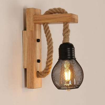 Haobosic - Wandlamp voor binnen van hout, lampenkap van vintage henneptouw, E27-fitting, zwart, geschikt voor slaapkamer (lamp niet inbegrepen)