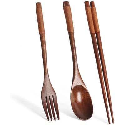 Antislip Houten Eetgerei Lange Steel Lepel Eetstokjes Vork Set Japanse Stijl Ramen Servies Set voor Thuiskeuken Bestekset brown